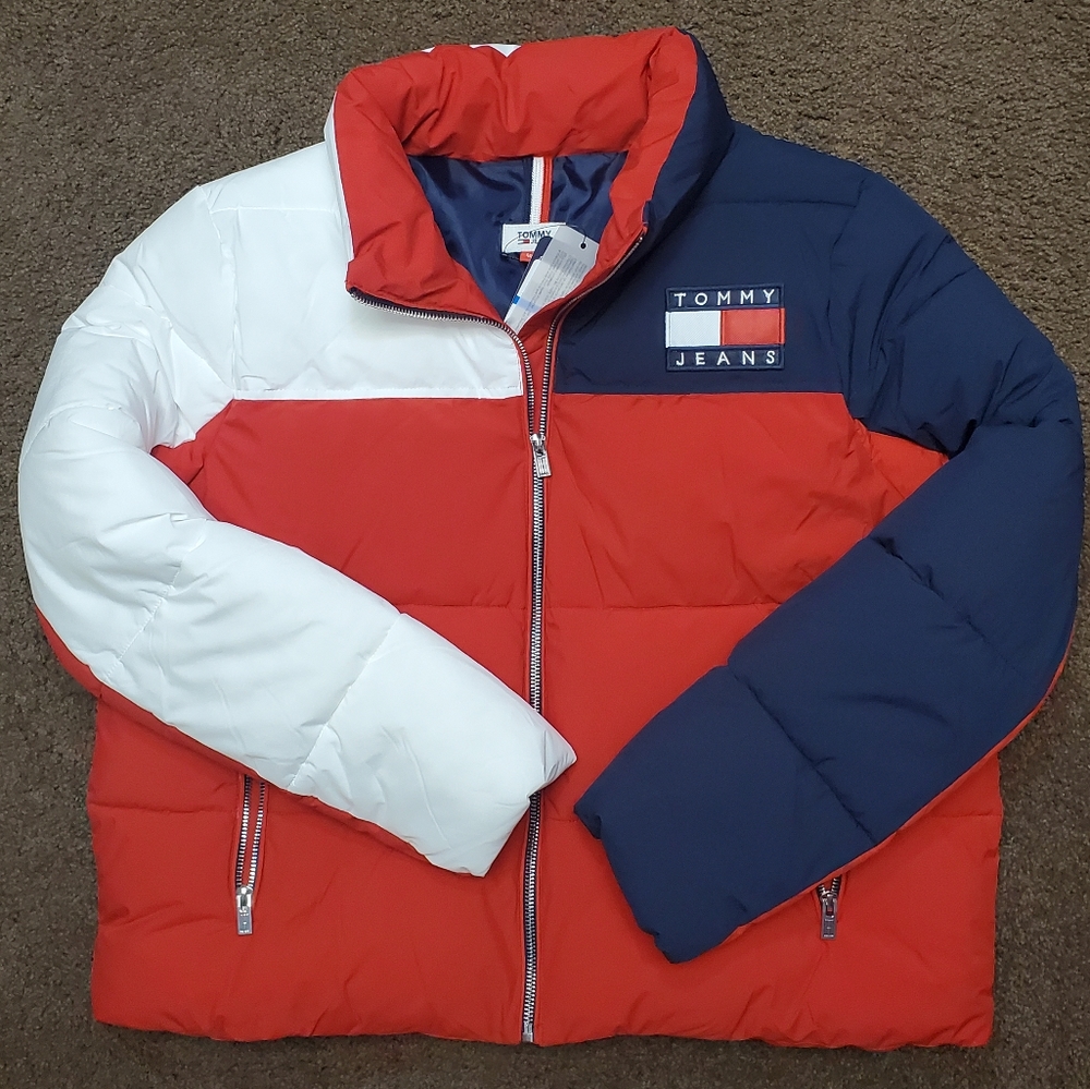 Womens Tommy Jeans Red White Down Bubble Puffer Coat Jacket Size XL Hilfiger
